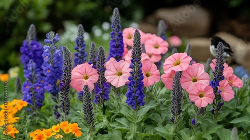 Vibrant Pink Petunias and Blue Flowers in Garden Bloom