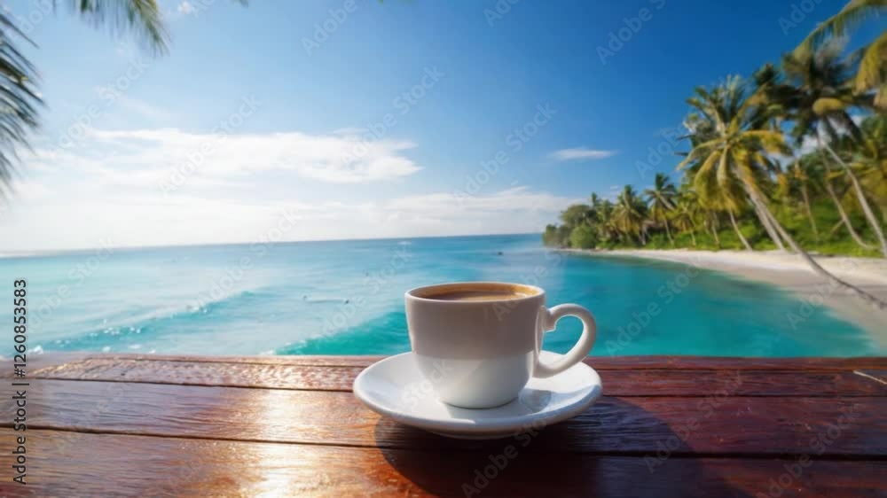 A white cup of coffee sits on a wooden table overlooking a tropical beach with turquoise water, white sand, and tall palm trees under a clear blue sky. A white cup of coffee sits on a wooden table overlooking a tropical beach with turquoise water, white sand, and tall palm trees under a clear blue sky.