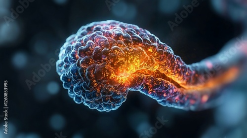 Microscopic inflamed cell, medical research, glowing, dark background, healthcare illustration