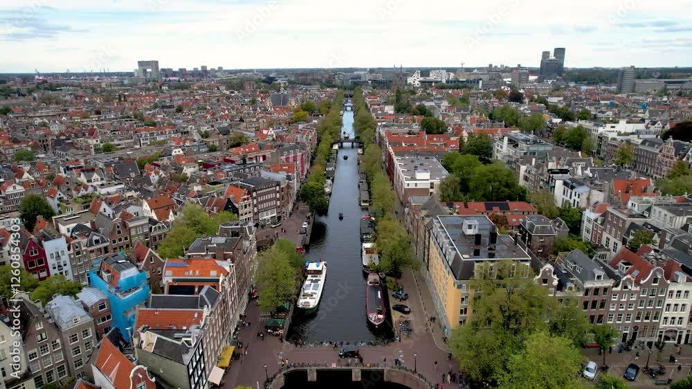 Stunning aerial shot of Amsterdam showcasing its iconic canals, historic architecture, and vibrant cityscape. The perfect blend of history and modernity from above