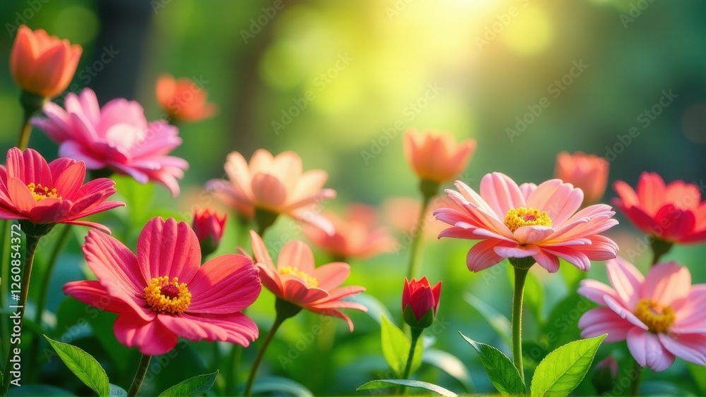 Vibrant Pink and Red Flowers in Sunlight - Spring Blossom Meadow Vibrant Pink and Red Flowers in Sunlight - Spring Blossom Meadow