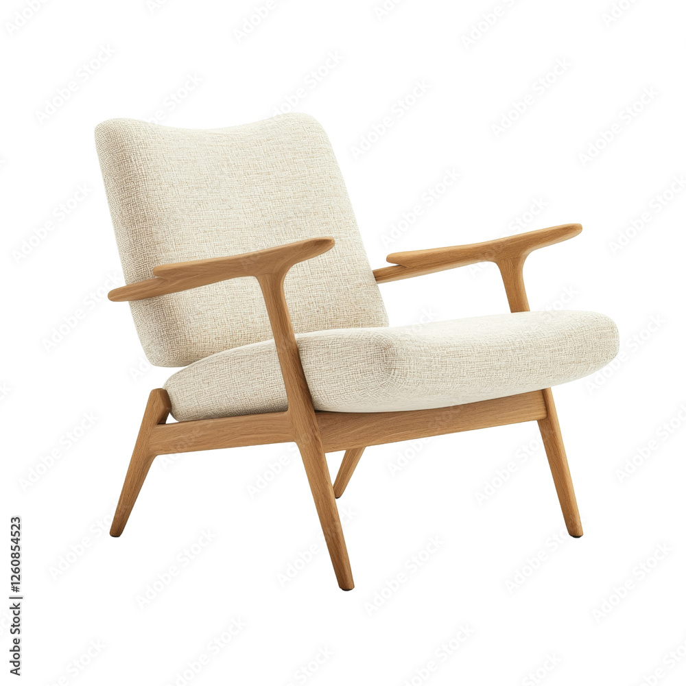 Elegant Scandinavian Lounge Chair with Light Fabric and Wooden Frame in Modern Living Room Setting Elegant Scandinavian Lounge Chair with Light Fabric and Wooden Frame in Modern Living Room Setting