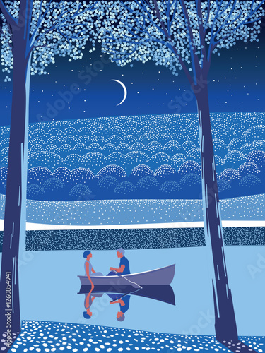 A couple in love rides in a boat on a lake on a romantic night, surrounded by flowering trees, hills, and parks. Vector spring romantic poster or banner. Handmade drawing vector illustration.