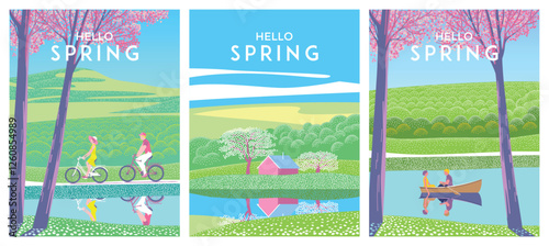 Hello, spring! Set of Springtime's posters or banners. Vector illustration of nature, landscape, sakura or cherry blossom, park, trees, family on a bikes, couple on a boat, fields and lawns.