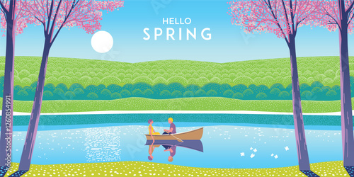 Hello, spring! Springtime's poster or banner. Vector illustration of nature, landscape, sakura or cherry blossom, park, trees, couple on a boat, fields and lawns. Handmade drawing vector illustration.