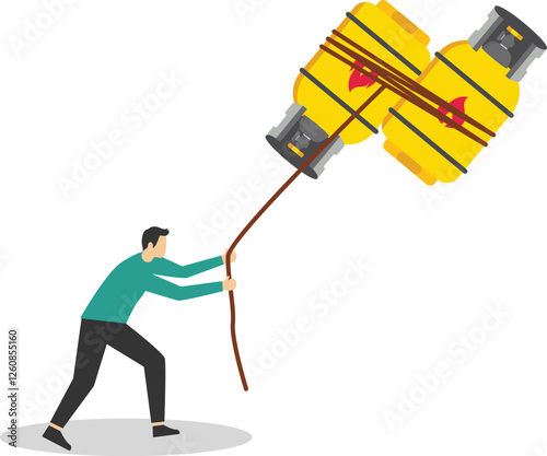 Gas price soaring sky high hit new high record concept. Inflation, price rise, money value decrease, gas cylinder. Flat vector illustration.

