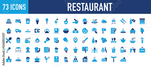 Set of 73 Restaurant icon. Restaurant, Dropper, Salt Shaker, Food Serving, Coffee Cup, List, Cloche, Pastry, Chef, Pot, Serving Dish, Board, Paper Cup, Drink, Junk Food, Cutlery illustration. 