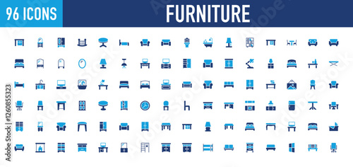 Set of 96 Furniture icon. Bedroom, Interior, Stool Stand, Seat , Dining Table, Room, Cupboard, Mirror, Sofa Bed, Bathtub, Cabinet, Camping, Chair, Clock, Closet, Couch, Desk Lamp illustration.
