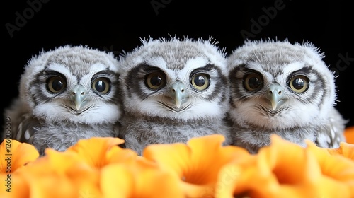 Three adorable baby owls nestled amongst orange flowers