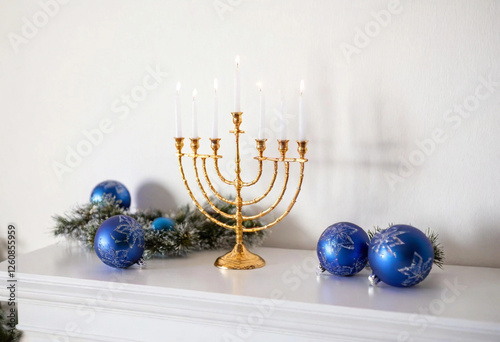 A high-angle shot of a decorated mantlepiece, with menorahs, blue and white ornaments, and gelt scattered throughout.