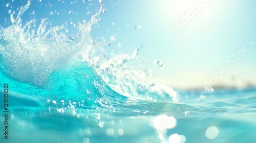 A close-up shot of vibrant blue ocean waves splashing against the surface, capturing the essence of summer and tranquility, Ideal for themes of relaxation, nature, travel, and water activities, photo