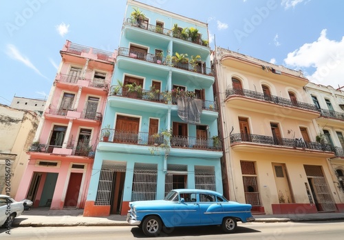 A blue car is currently parked right in the middle of a narrow street