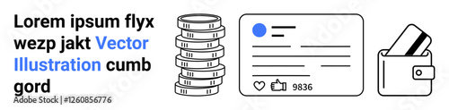 Stack of coins, profile ID card with thumbs ups and comments, wallet with cards. Ideal for finance, social media, user profiles, digital identity, e-commerce, fintech and landing page