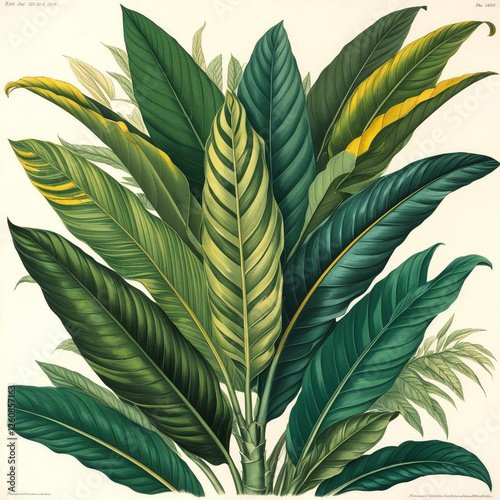 beautiful vibrant A vintage botanical drawing of tropical leaves