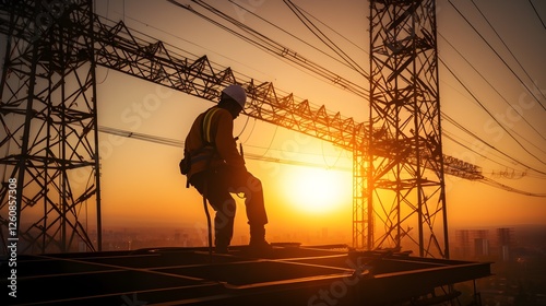 Silhouette of Energy Worker on High Voltage Power Lines at Sunset