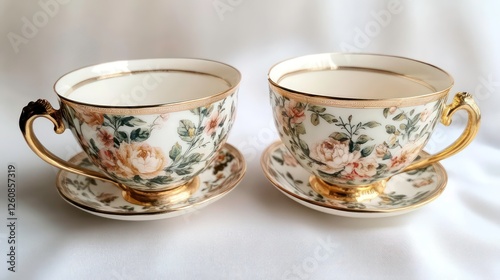 Floral teacups and saucers on white background.  Possible use Tea party, gift, display photo