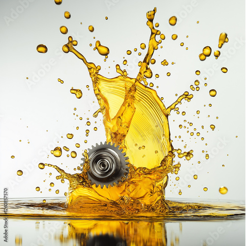 Golden Gear Mechanism with Splashing Motor Engine Oil on White Background. photo