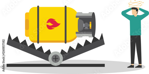 Businessman and gas cylinder above metal steel bear trap. Growth rise of gas stock prices and growth of extraction concept. Flat vector illustration

