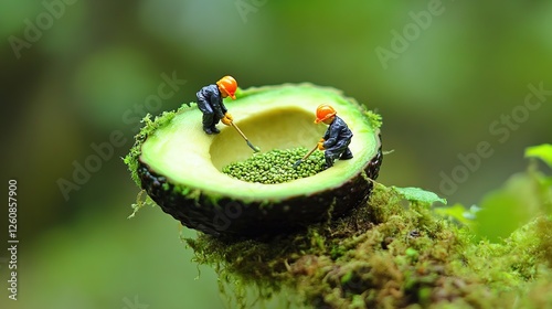 Miniature workers harvesting avocado pit, forest background, food concept