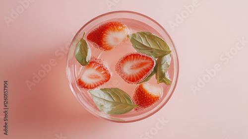 Refreshing strawberry and basil infused beverage in a glass, viewed from above on a light pink background.