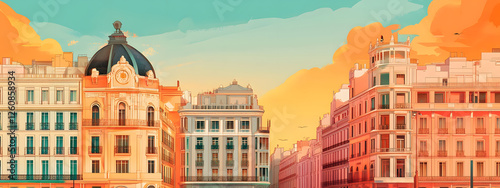 A stunning illustration of Madrid's iconic architecture, featuring the beautiful buildings

