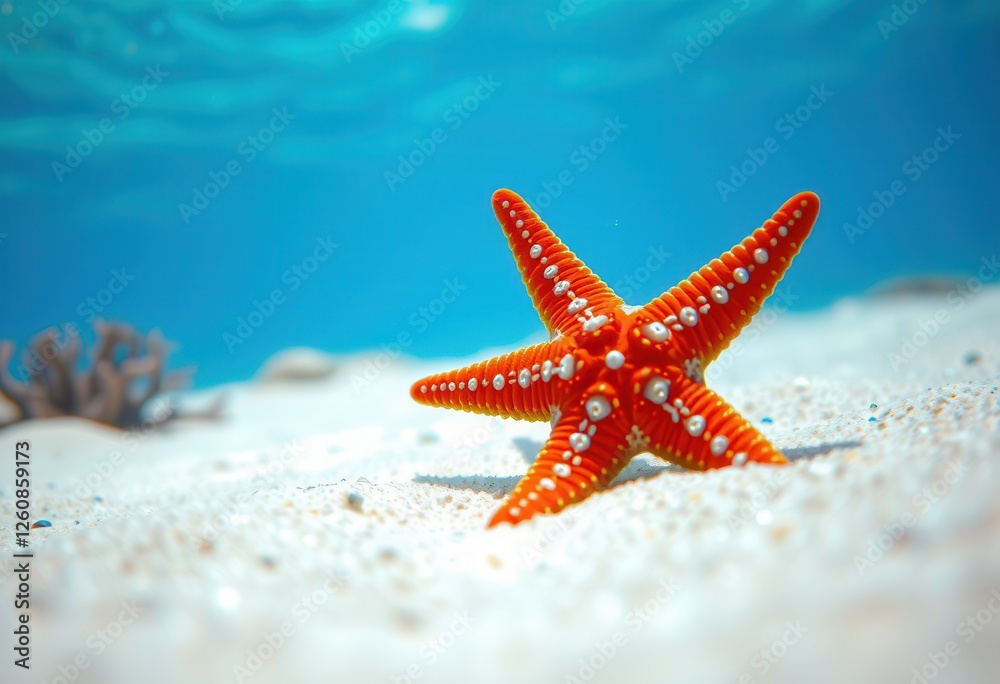 A vibrant starfish rests peacefully on the white sand of the ocean floor, surrounded by tranquil blue waters A vibrant starfish rests peacefully on the white sand of the ocean floor, surrounded by tranquil blue waters