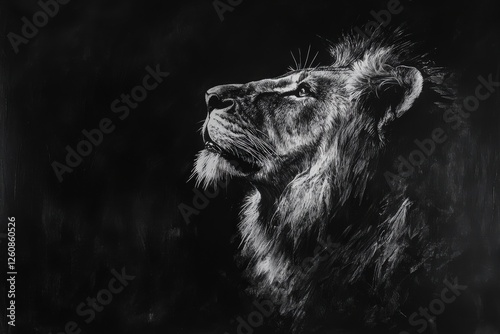 A black and white photo of a lions face in the night