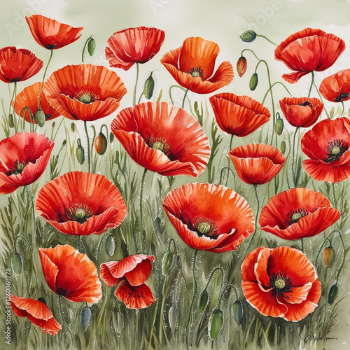 beautiful vibrant A watercolor field of poppies with red and orange splashes