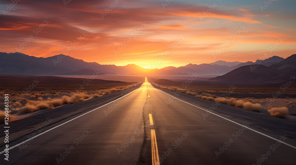 Fototapeta premium Majestic Sunset Highway Open Road Journey Through Desert Mountains at Golden Hour