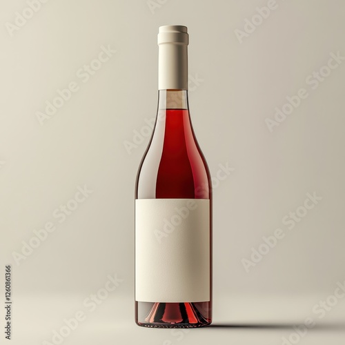 A 3D rendering of a glass bottle containing red liquid, set against a neutral grey background, product photography, high detail.wine,White blank label