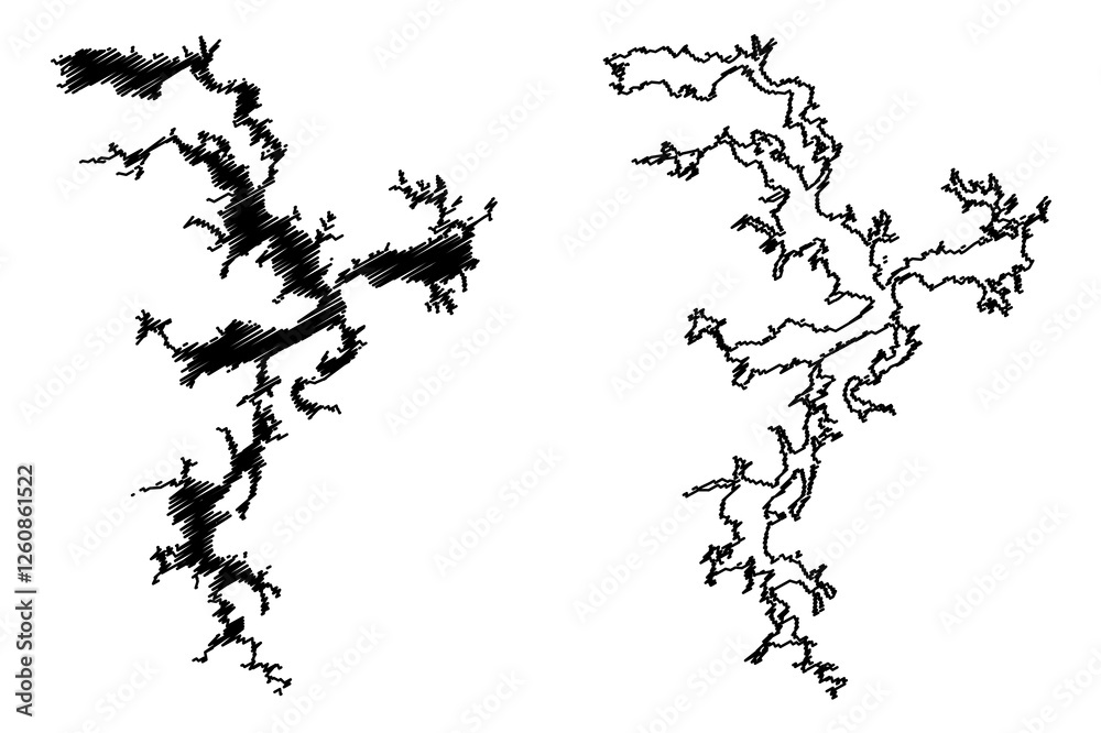 Obraz premium Lake Eufaula Reservoir (United States of America, North America, us, usa, Oklahoma) map vector illustration, scribble sketch Eufaula Dam map