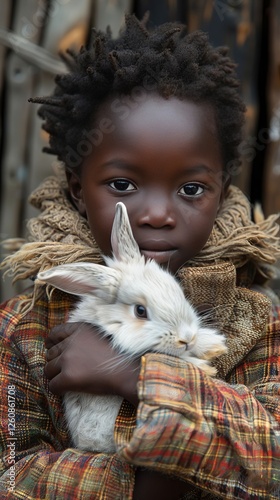 African Child Tenderly Holding a White Rabbit Warm Clothing Close Up Portrait