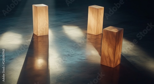 Three Vertical Mirrors, One on the Left and Two Stacked in Front, Illuminated by Light from Above photo