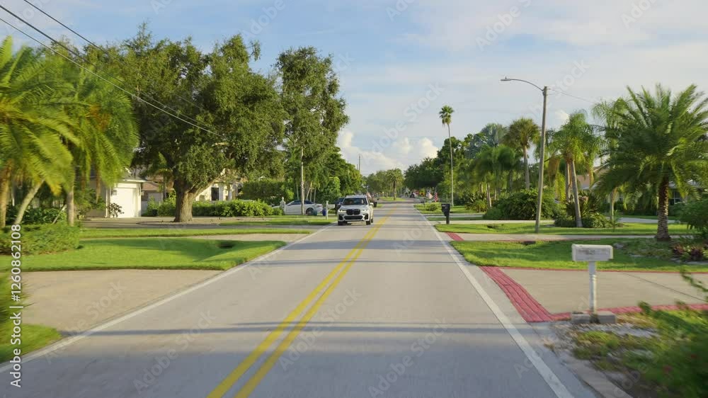 custom made wallpaper toronto digitalCar point of view. Vehicle driving on suburban street between residential houses in Venice Florida rural area. Transportation and traffic concept.