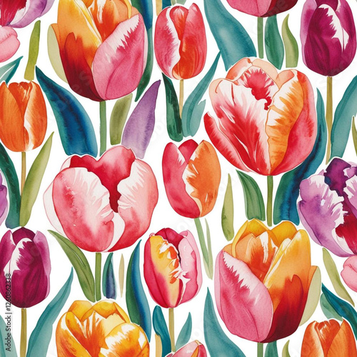 beautiful vibrant A watercolor floral pattern with abstract tulips