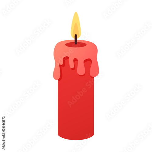 Red burning candle in cartoon flat style. Design elements for home decor, Valentines Day, wedding, bachelorette party.