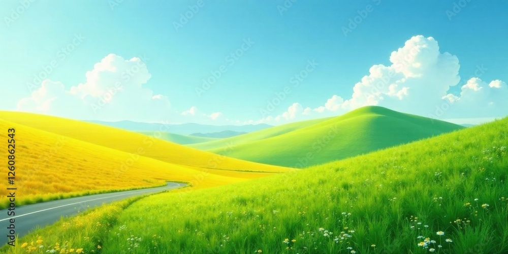 Obraz premium Serene Winding Road Through Vibrant Yellow and Green Rolling Hills Under a Sunny Sky with Puffy Clouds