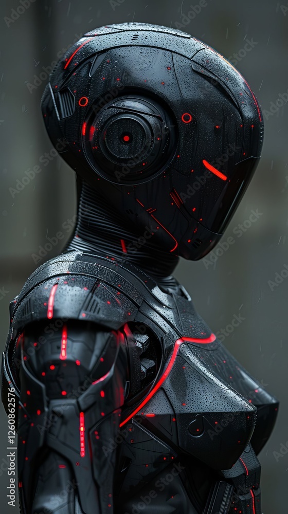 Fototapeta premium Futuristic Cyborg Female in Black Armor Red Lights Rain Sci Fi Concept Art