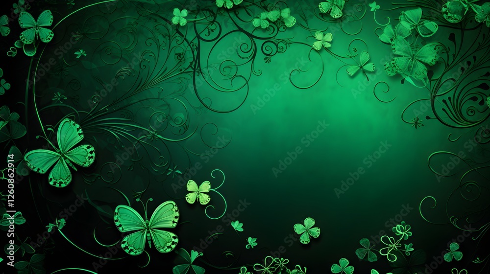 Emerald Green Floral Design with Butterflies and Shamrocks St Patrick s Day Background Emerald Green Floral Design with Butterflies and Shamrocks St Patrick s Day Background