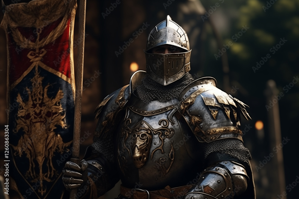 Fototapeta premium Majestic Medieval Knight in Full Armor on Horseback, Ready for Battle with Sword and Shield – A Powerful Symbol of Chivalry and Honor from the Middle Ages. Historic. Book. 