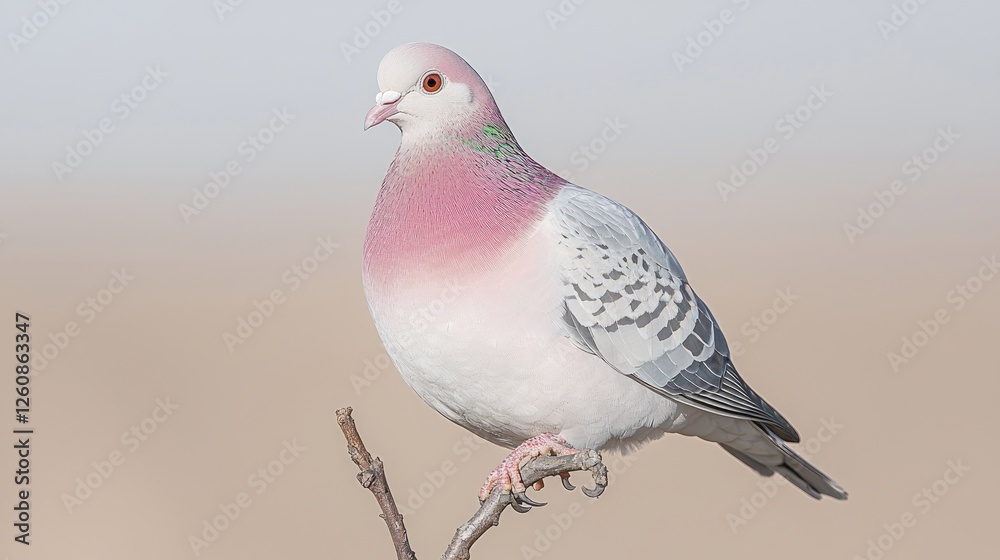 Fototapeta premium Pink pigeon perched on branch, blurred background, nature scene, wildlife photography