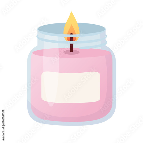 Burning pink candle in glass jar in cartoon flat style. Design elements for home decor, Valentines Day, wedding, bachelorette party.