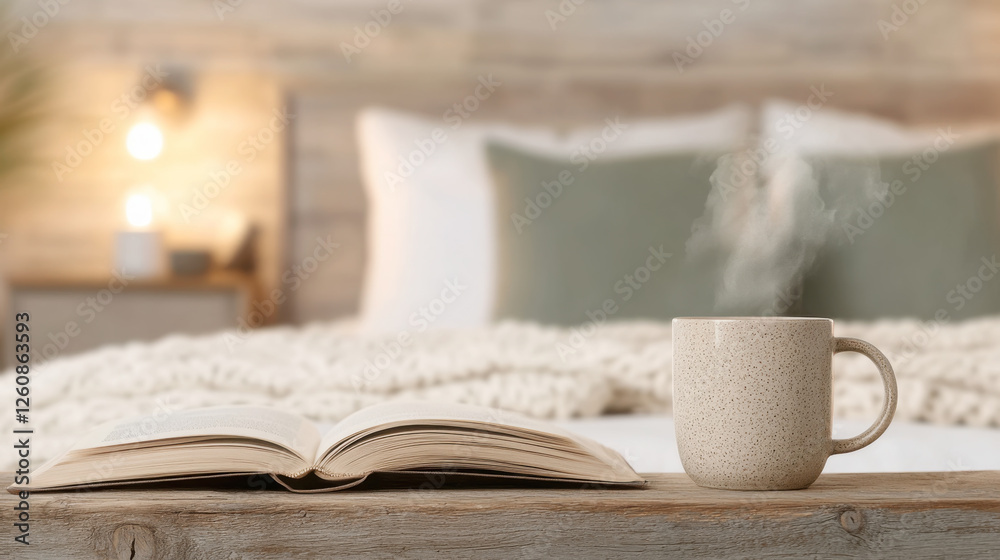 Cozy reading scene with open book and steaming mug on wooden surface Cozy reading scene with open book and steaming mug on wooden surface