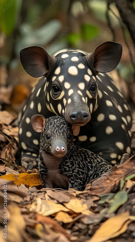 Adorable Baby and Mother Malayan Tapir Duo in Forest Leaf Litter Adorable Baby and Mother Malayan Tapir Duo in Forest Leaf Litter