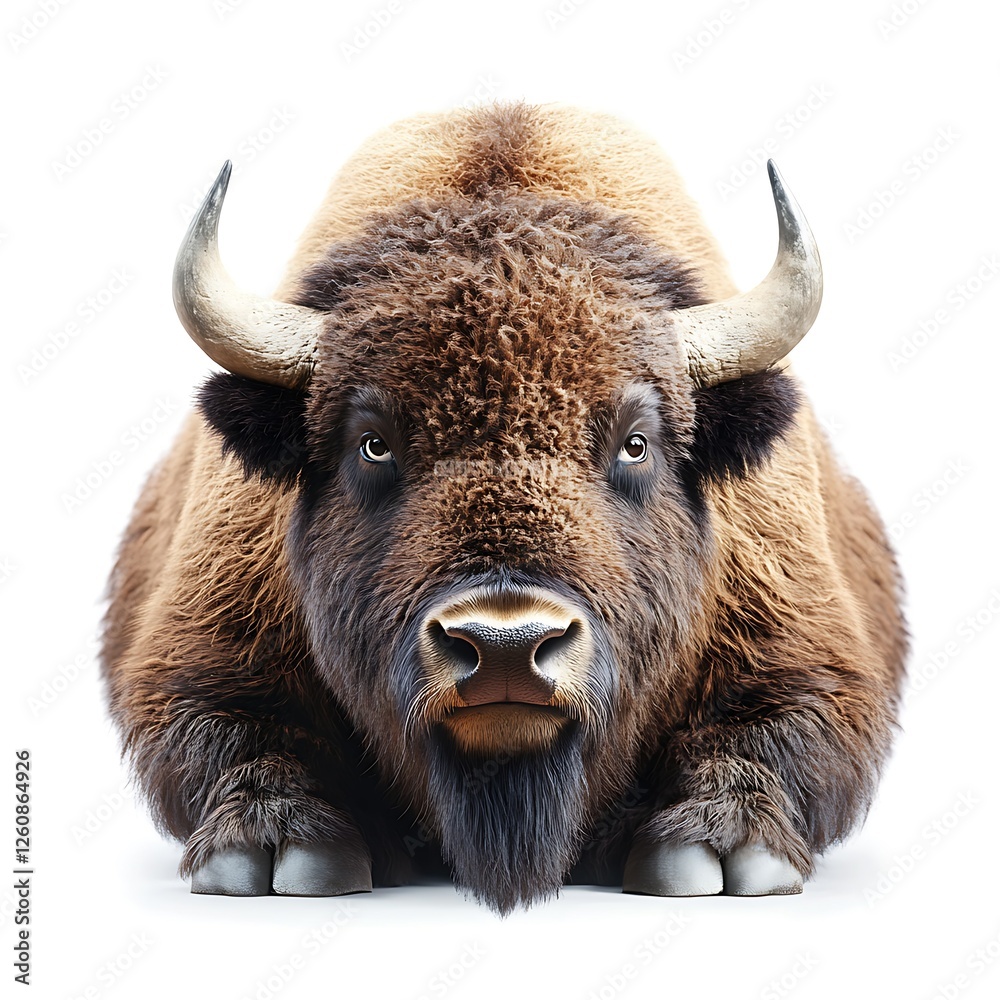 Bison resting, white background, wildlife portrait, nature imagery Bison resting, white background, wildlife portrait, nature imagery