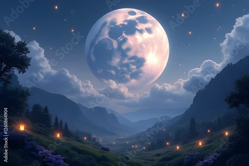Moonlit Night Over the Mountains with Stars and Forest Silhouette