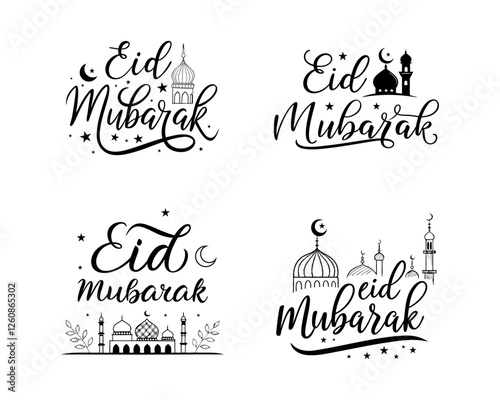 A set of Eid Mubarak greetings in script typography, isolated on a white background.