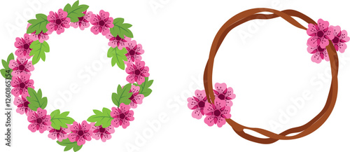 Cherry blossom wreath, Japanese sakura. Pink wreath for spring, Hanami. Vector ornament on white background.