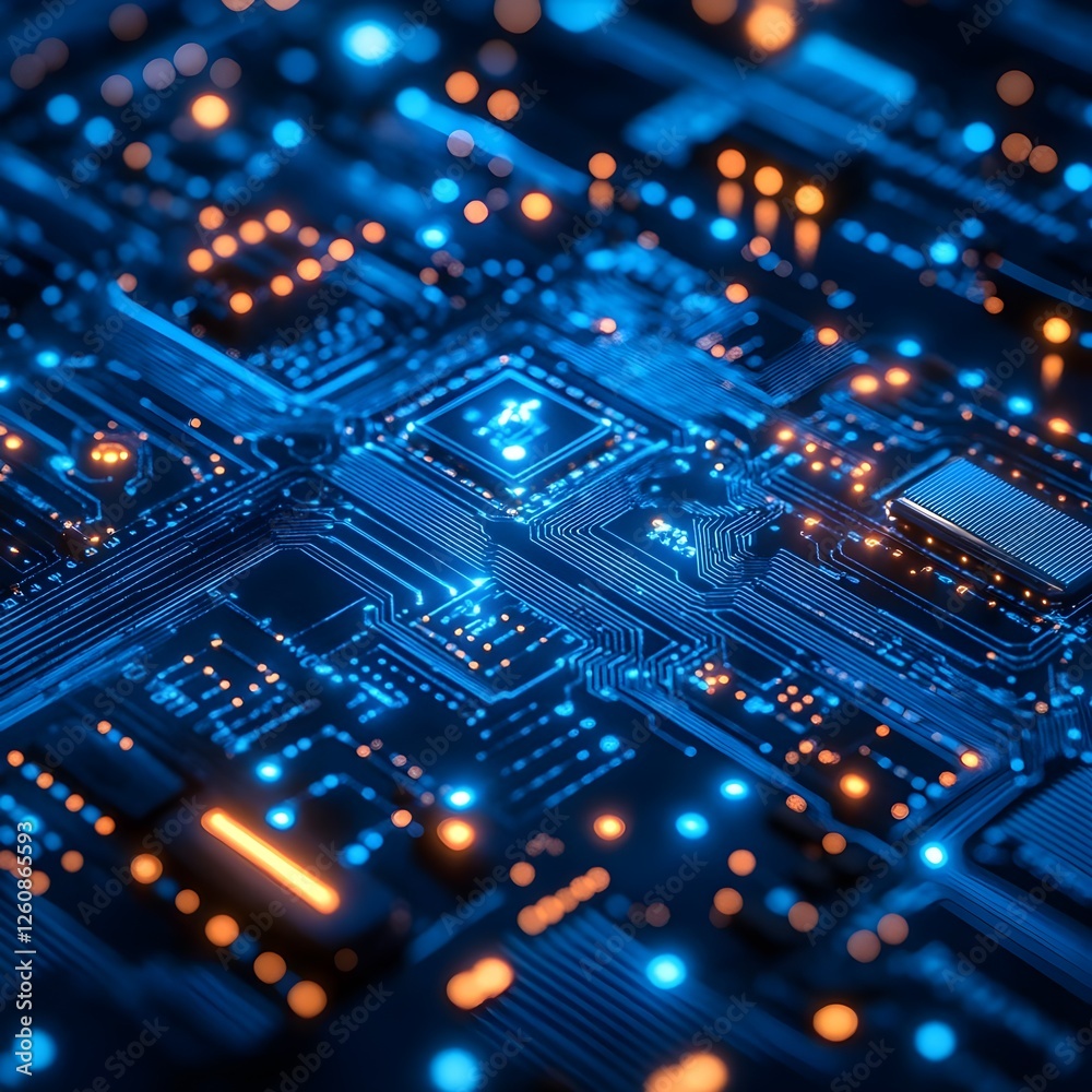 Obraz premium High Tech Circuit Board Close up Illuminated Microchips and Electronic Components