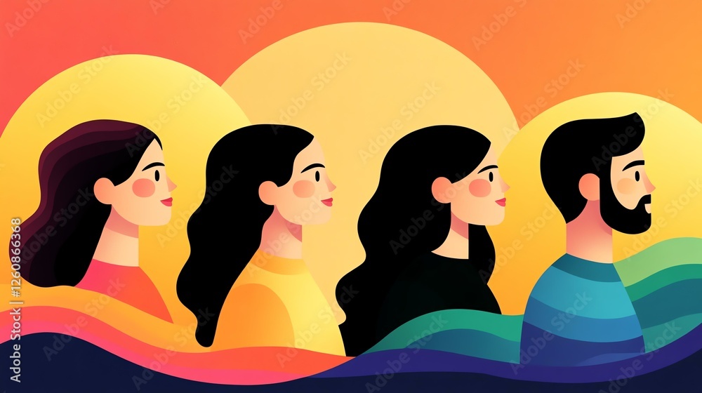 Diverse individuals in a vibrant sunset backdrop.